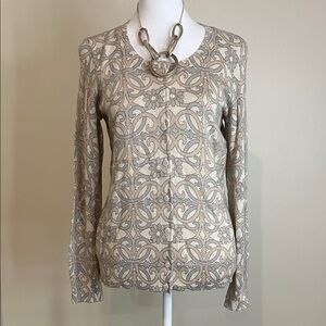 Talbots Women’s Cream Floral Metallic Gold Glittery Front Button Cardigan Size S